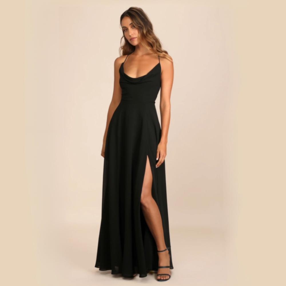 NWT Lulus Romantically Speaking Black Cowl Lace-up Maxi Dress - Size S